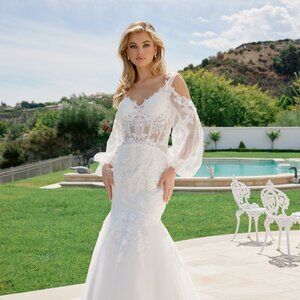 New Cold-Shoulder Off White Maxi Wedding Mermaid Gown w/ Floral Lace NX JE983L